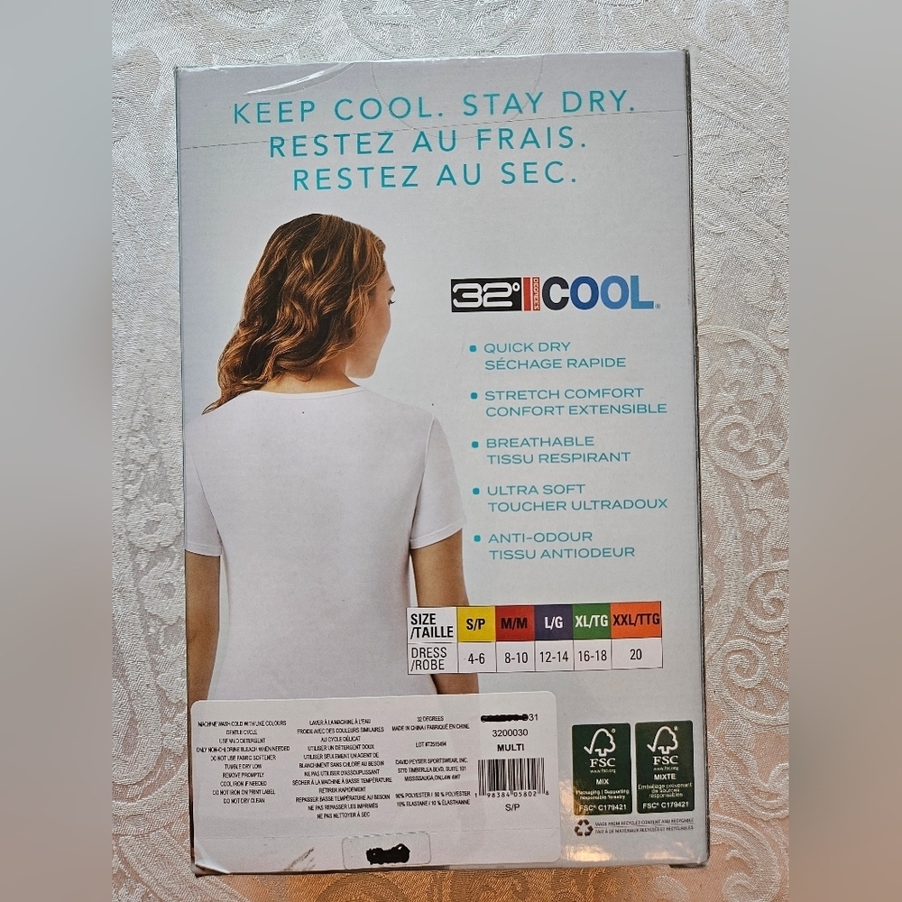 32 Degrees Cool Quick Dry T-Shirt, White, Lavender and Blue, Small, New in Box - Picture 2 of 3